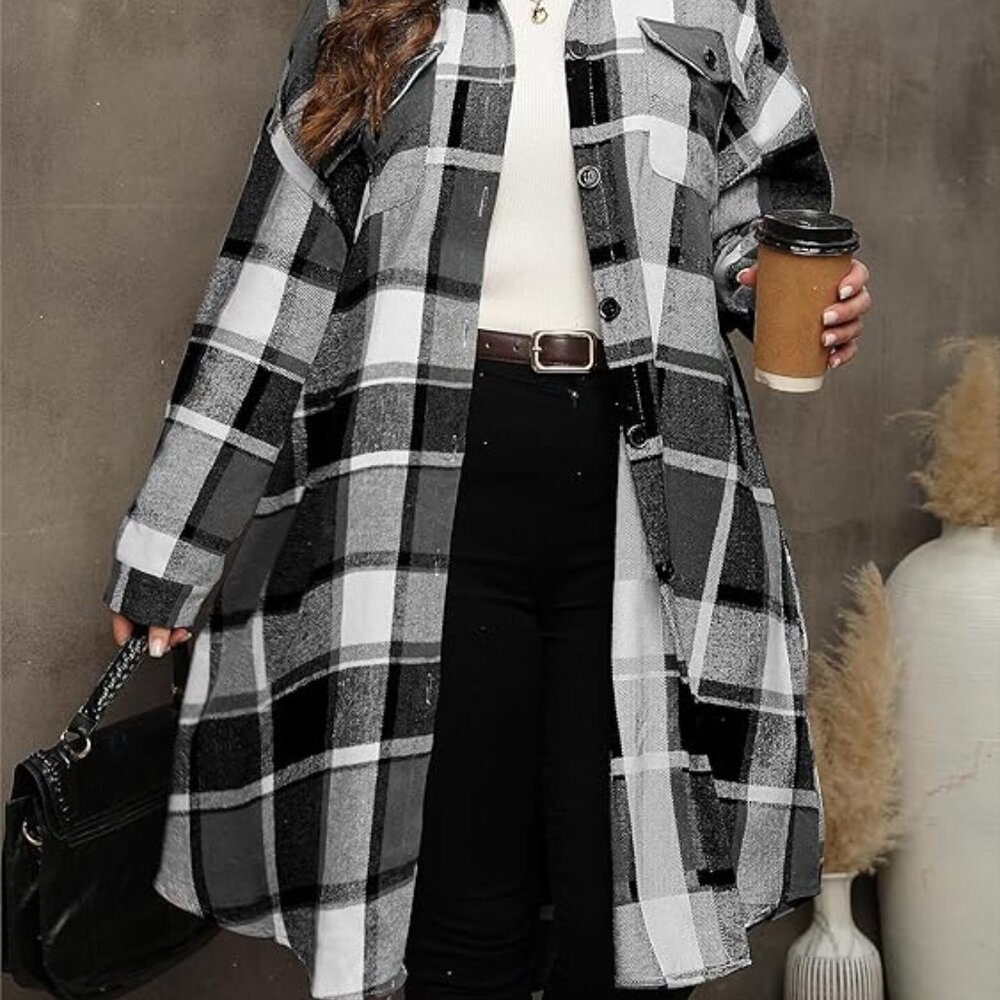 Black and White Plaid Longline Shacket Drop Shoulder Coat - NWT - 18W